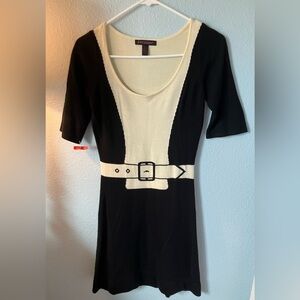 Vintage Rare Betsey Johnson Knit Black and Cream Dress w/ optical illusion belt